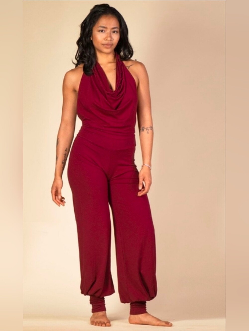 "ARIA JUMPSUIT" Sleeveless Cowl Neck Jumpsuit in Burgundy